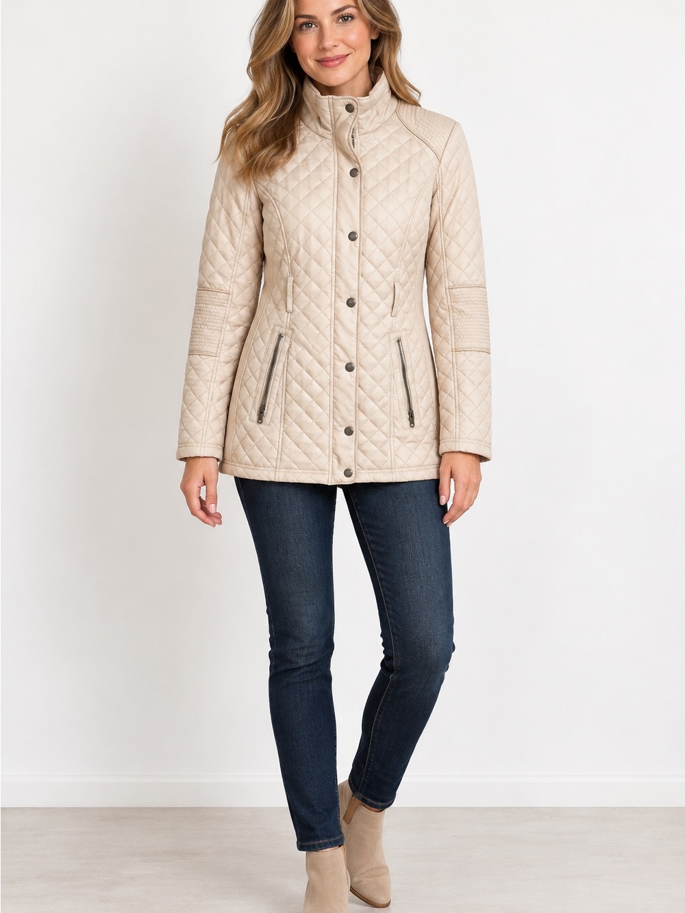 A Pea in the Pod Quilted Puffer Jacket in Beige